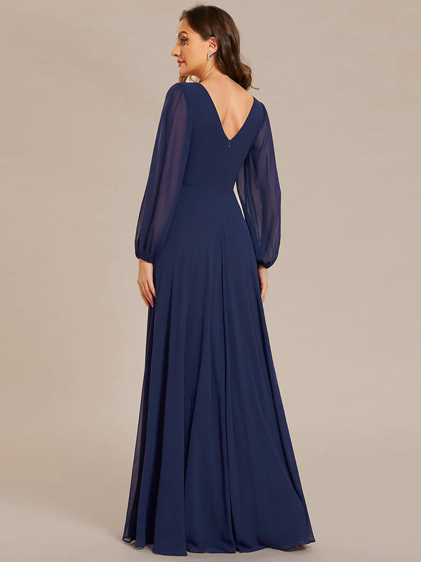 Elegant Waisted Chiffon V-neck Long Sleeve Bridesmaid Dress