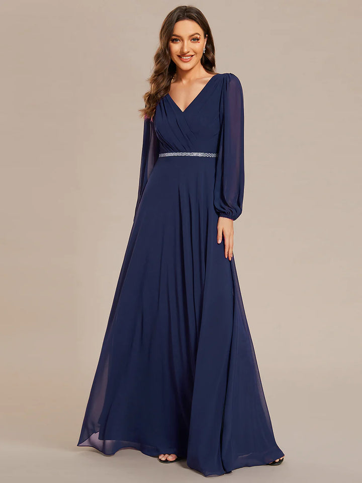 Elegant Waisted Chiffon V-neck Long Sleeve Bridesmaid Dress - CALABRO®