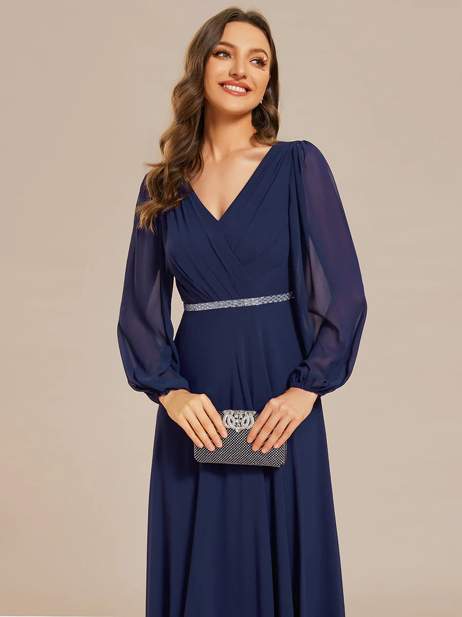 Elegant Waisted Chiffon V-neck Long Sleeve Bridesmaid Dress - CALABRO®