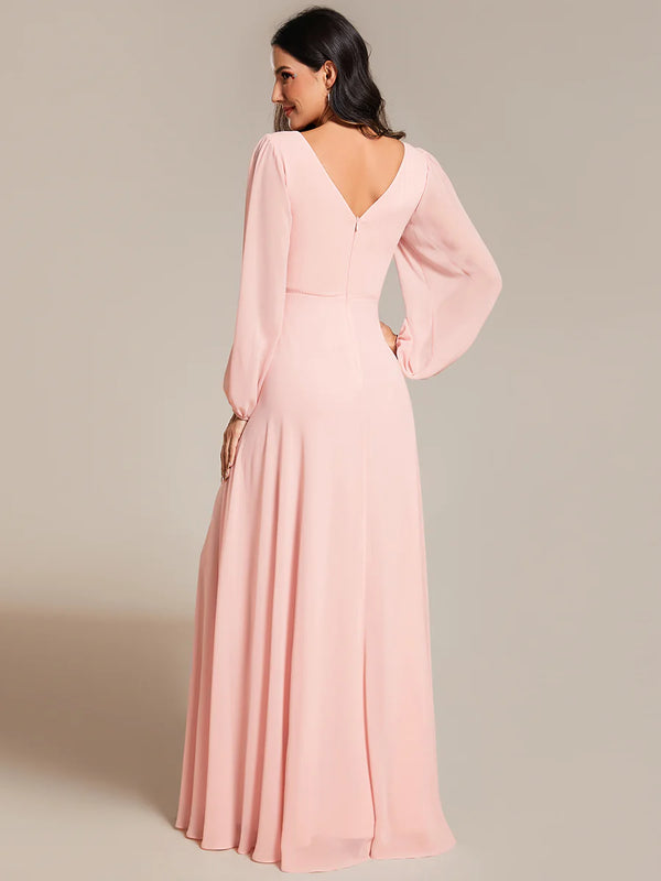 Elegant Waisted Chiffon V-neck Long Sleeve Bridesmaid Dress