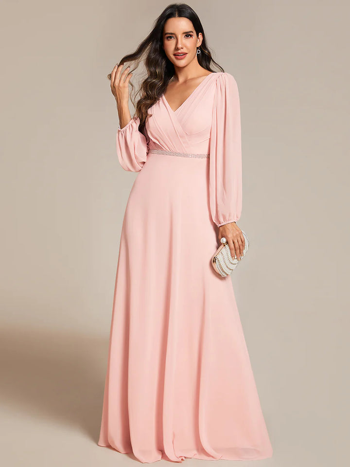 Elegant Waisted Chiffon V-neck Long Sleeve Bridesmaid Dress - CALABRO®