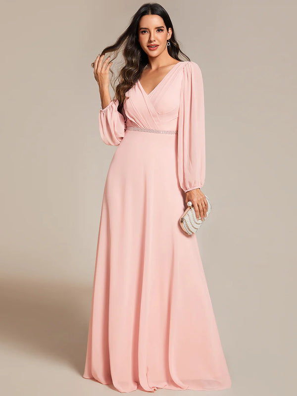 Elegant Waisted Chiffon V-neck Long Sleeve Bridesmaid Dress