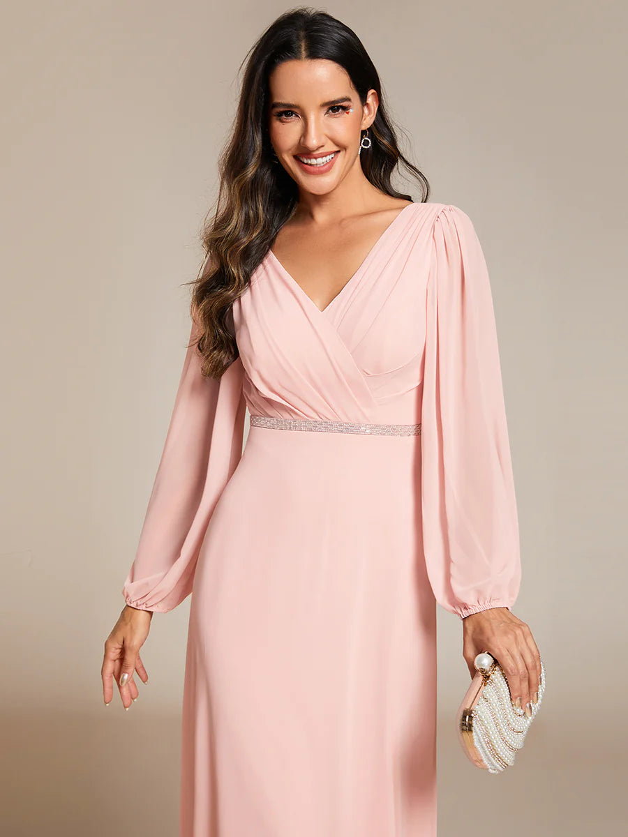 Elegant Waisted Chiffon V-neck Long Sleeve Bridesmaid Dress - CALABRO®