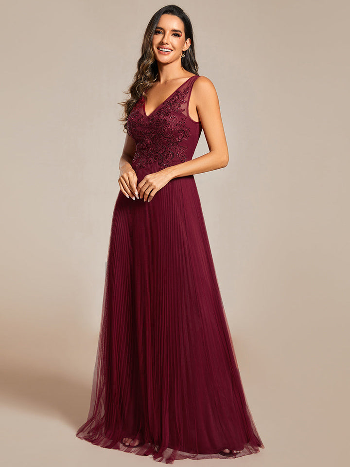 Elegant Appliques Chiffon A-Line Floor Length V Neck Sleeveless Evening Dress - CALABRO®