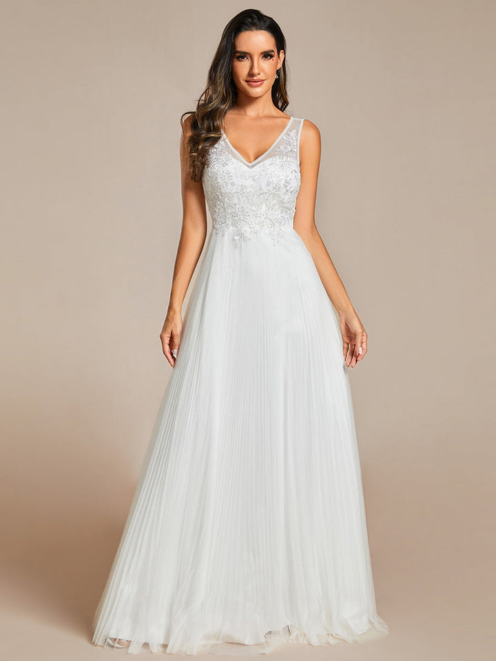 Elegant Appliques Chiffon A-Line Floor Length V Neck Sleeveless Evening Dress - CALABRO®