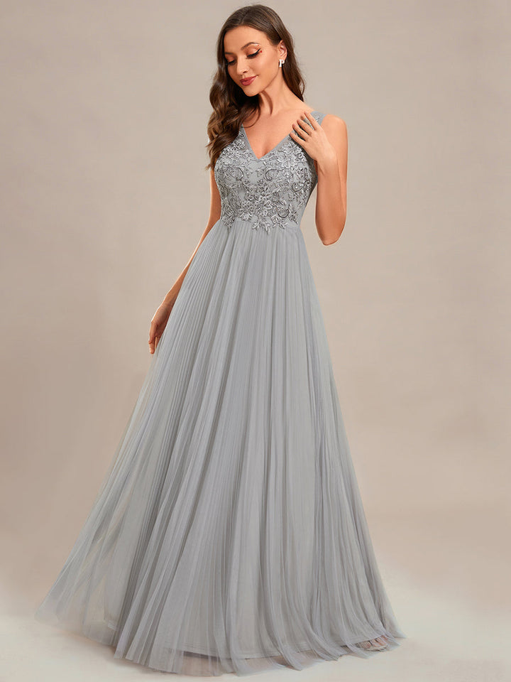 Elegant Appliques Chiffon A-Line Floor Length V Neck Sleeveless Evening Dress - CALABRO®