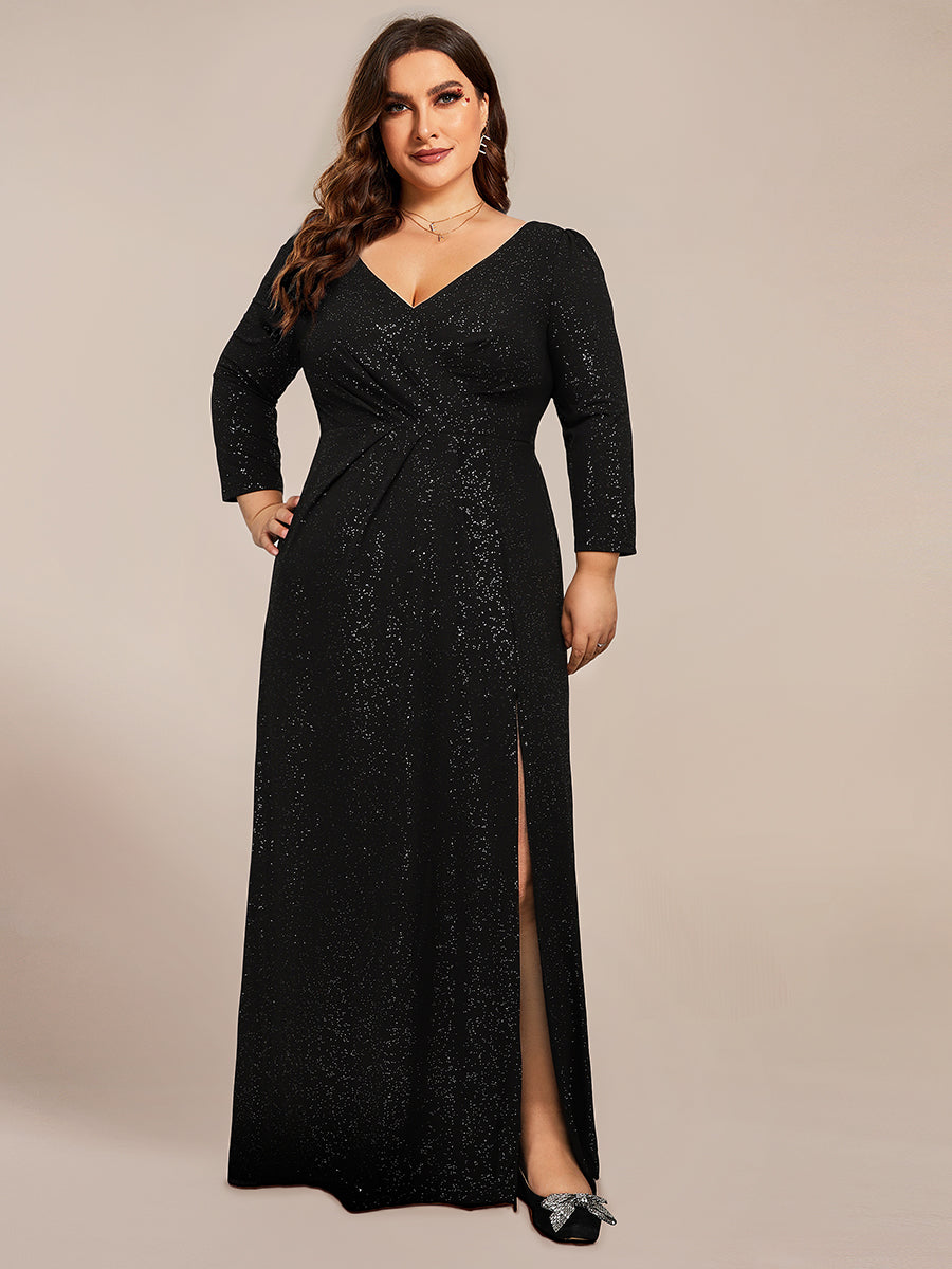 ExquisitePlus Size Split Floor Length V Neck Long Sleeves Evening Dress - CALABRO®