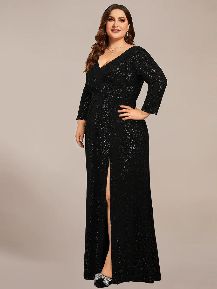 ExquisitePlus Size Split Floor Length V Neck Long Sleeves Evening Dress - CALABRO®