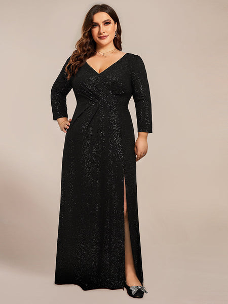 ExquisitePlus Size Split Floor Length V Neck Long Sleeves Evening Dress