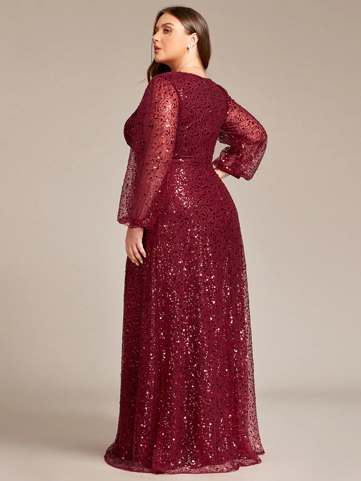 Plus Elegant Waisted Chiffon V-neck long Sleeve Guest Dress