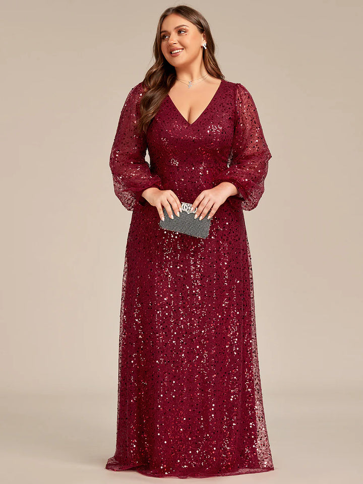 Plus Elegant Waisted Chiffon V-neck long Sleeve Guest Dress