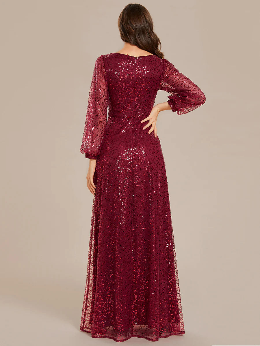 Elegant waisted chiffon V-neck long sleeve evening dress - CALABRO®