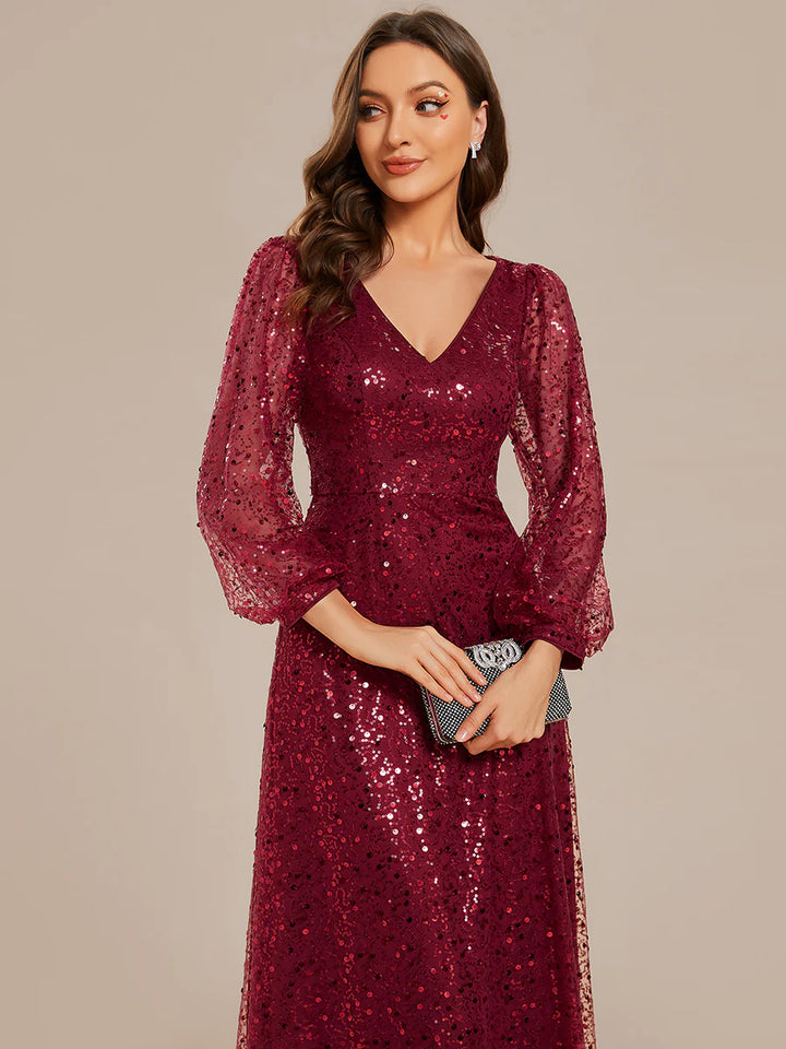 Elegant waisted chiffon V-neck long sleeve evening dress - CALABRO®