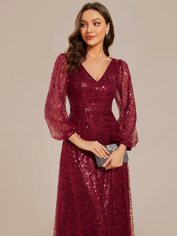 Elegant waisted chiffon V-neck long sleeve guest dress