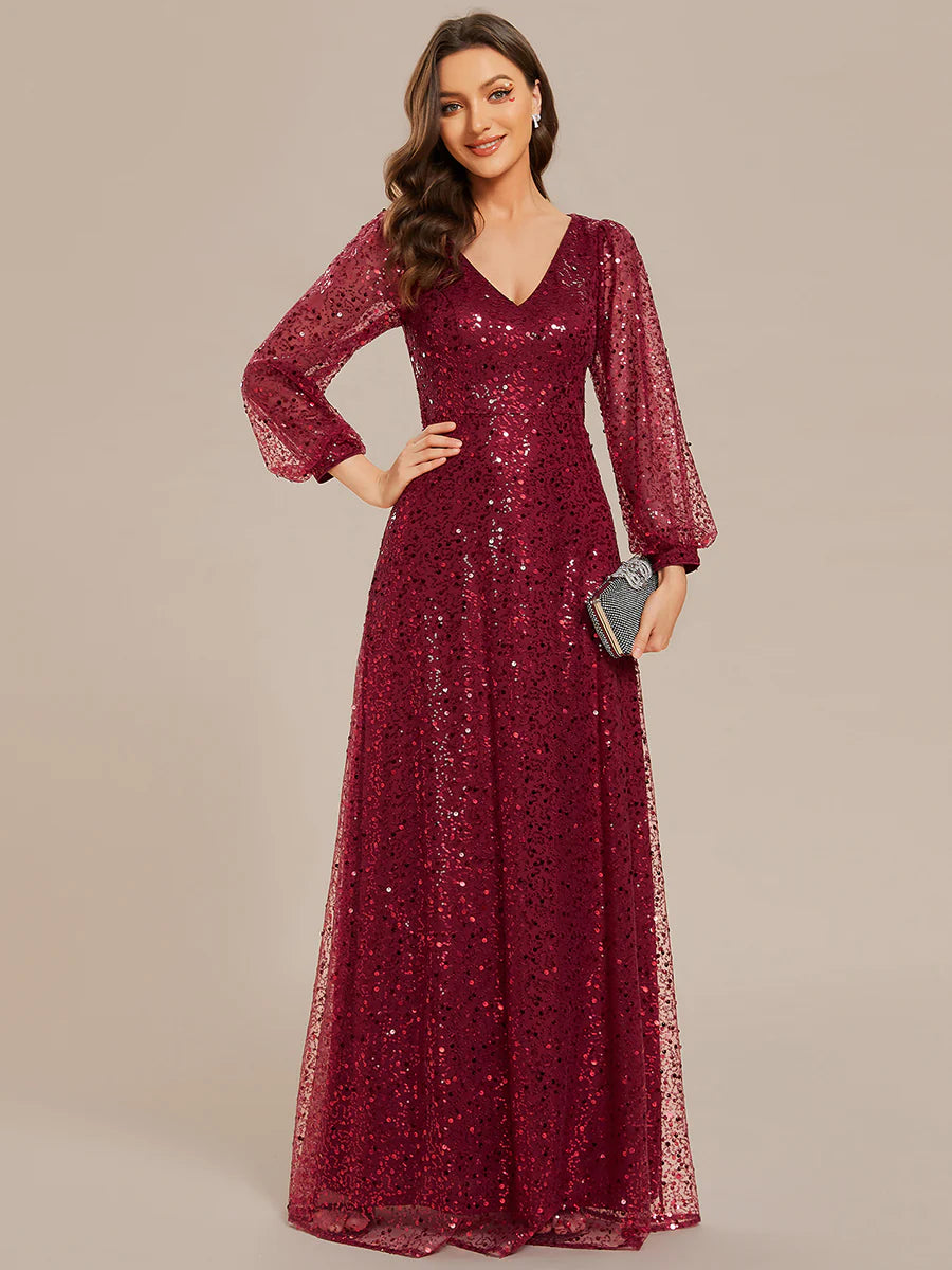 Elegant waisted chiffon V-neck long sleeve evening dress - CALABRO®