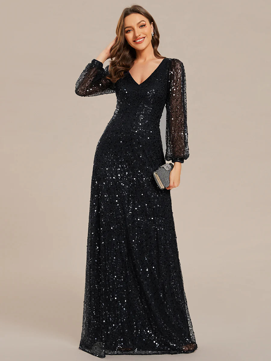 Elegant waisted chiffon V-neck long sleeve evening dress - CALABRO®