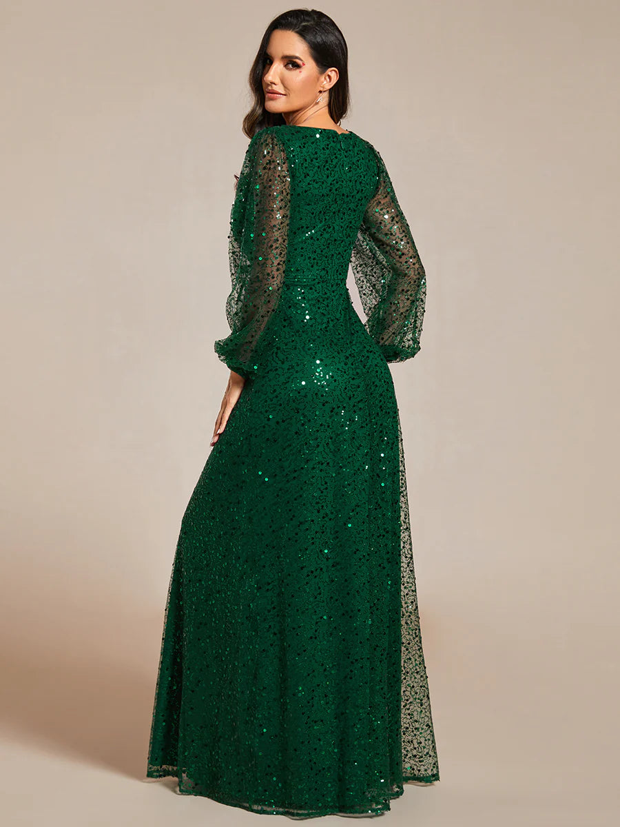 Elegant waisted chiffon V-neck long sleeve evening dress - CALABRO®