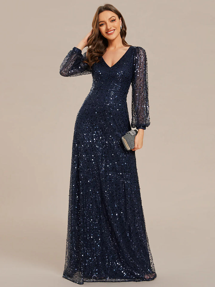 Elegant waisted chiffon V-neck long sleeve evening dress - CALABRO®