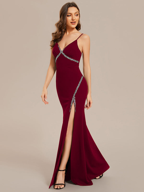 V Neck Side Split Fishtail Shiny Evening Dresses