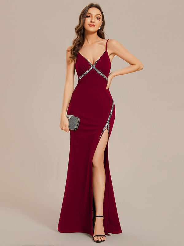 V Neck Side Split Fishtail Shiny Evening Dresses