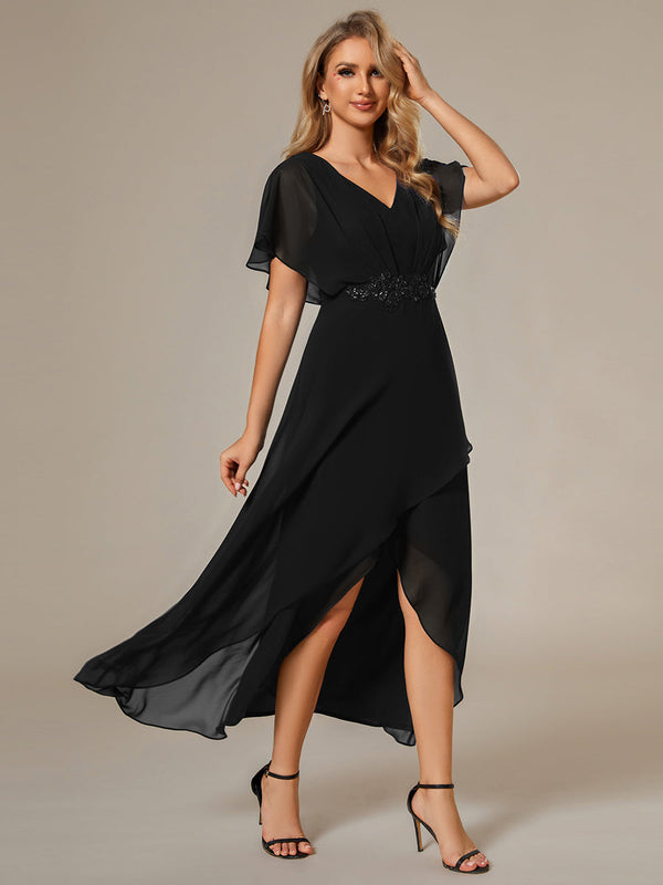 Chiffon Appliques High-low Evening Dress with Short Sleeves