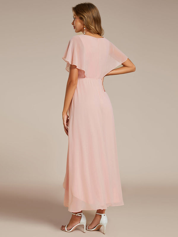 Chiffon Appliques High-low Evening Dress with Short Sleeves