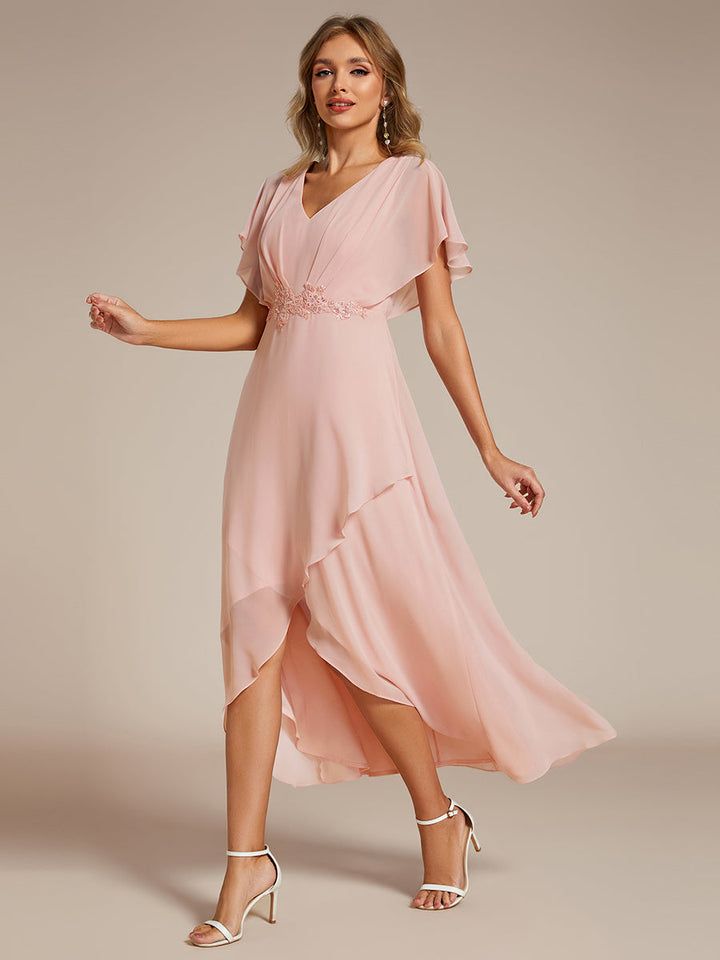 Chiffon Appliques High-low Evening Dress with Short Sleeves - CALABRO®