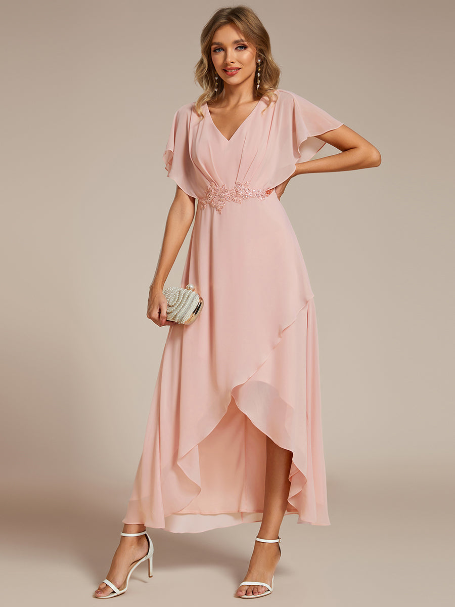 Chiffon Appliques High-low Evening Dress with Short Sleeves - CALABRO®