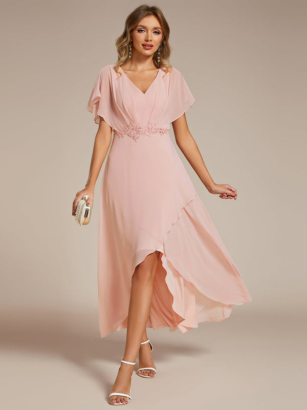 Chiffon Appliques High-low Evening Dress with Short Sleeves