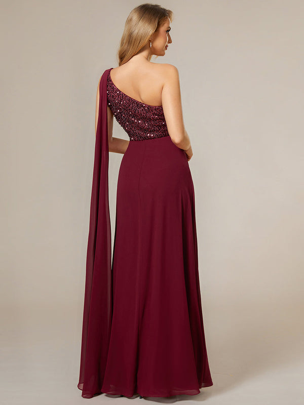 A-Line Shiny Sequin Chiffon Bodice One Shoulder Sleeveless Evening Dresses