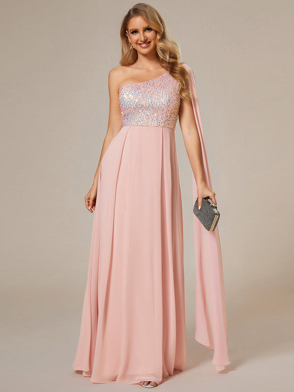 A-Line Shiny Sequin Chiffon Bodice One Shoulder Sleeveless Evening Dresses