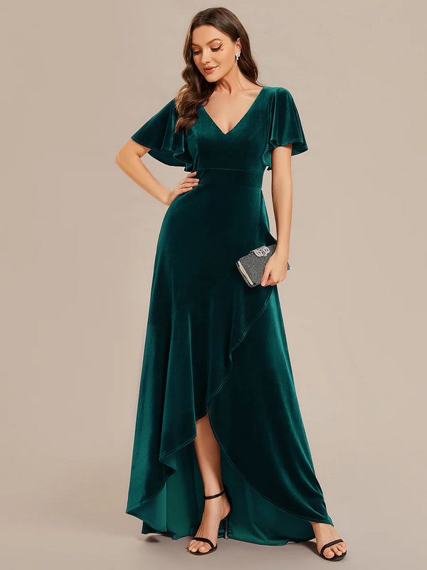 Lotus Leaf Ruffles High-low V Neck Evening Dress with Short Sleeves