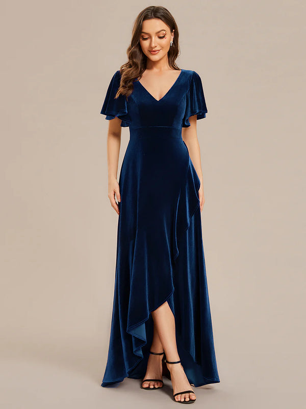 Lotus Leaf Ruffles High-low V Neck Evening Dress with Short Sleeves