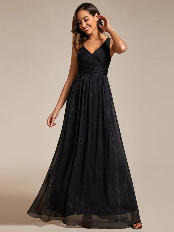 Glittery Floor Length V-Neck Sleeveless Evening Dress