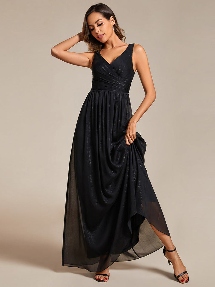 Glittery Floor Length V-Neck Sleeveless Evening Dress - CALABRO®