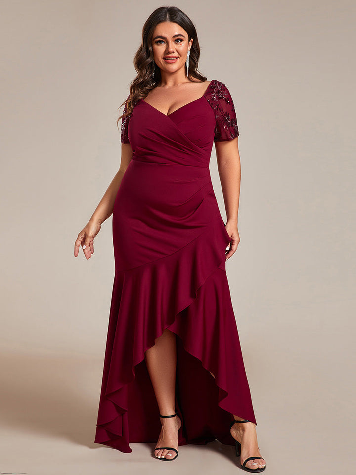 Plus Appliques High Split Fishtail Evening Dress With Short Sleeves - CALABRO®