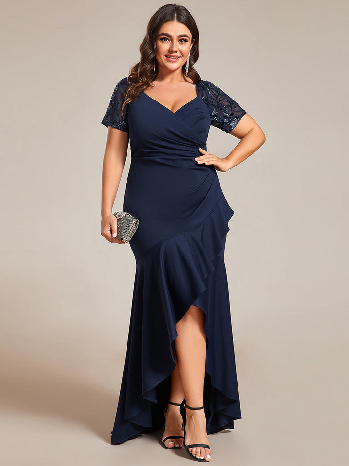 Plus Appliques High Split Fishtail Evening Dress With Short Sleeves - CALABRO®