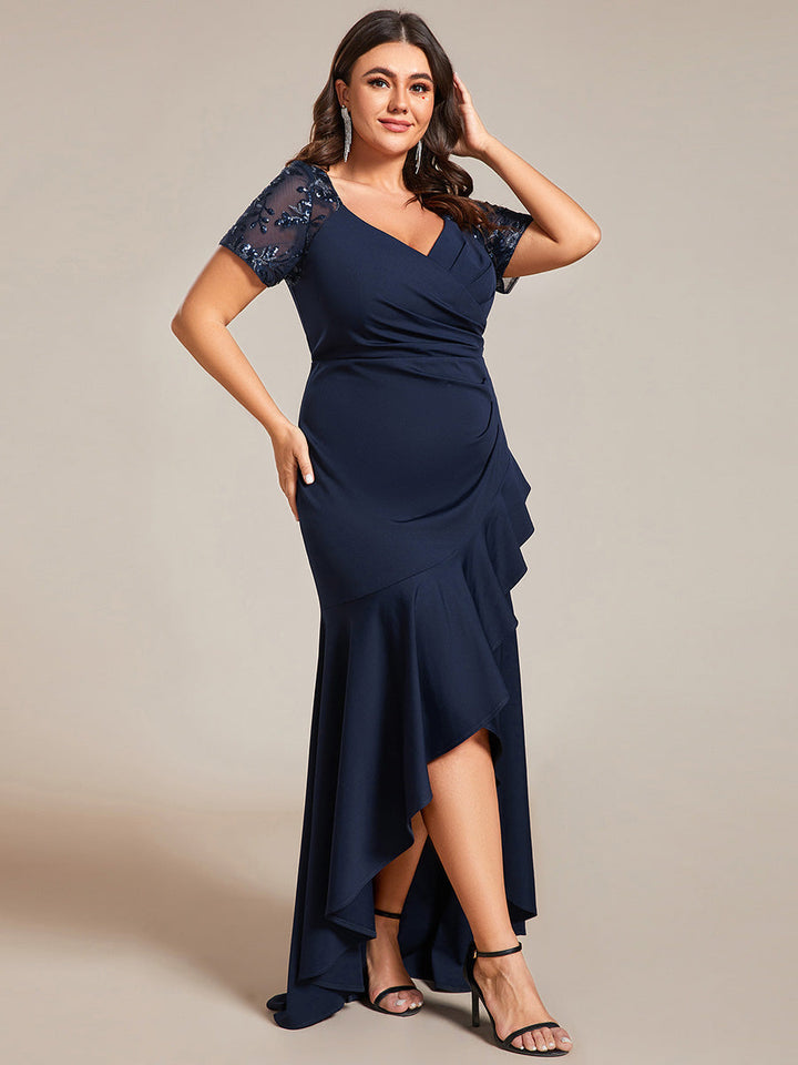 Plus Appliques High Split Fishtail Evening Dress With Short Sleeves - CALABRO®