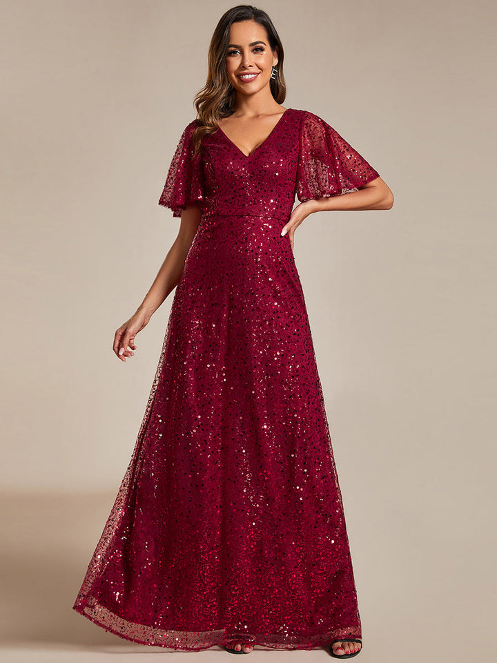 Shiny Sequin V Neck Evening Dress With Short Sleeves - CALABRO®