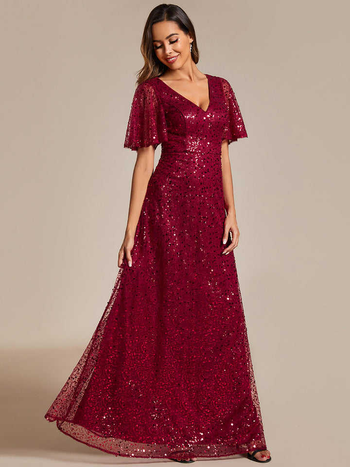 Shiny Sequin V Neck Evening Dress With Short Sleeves - CALABRO®