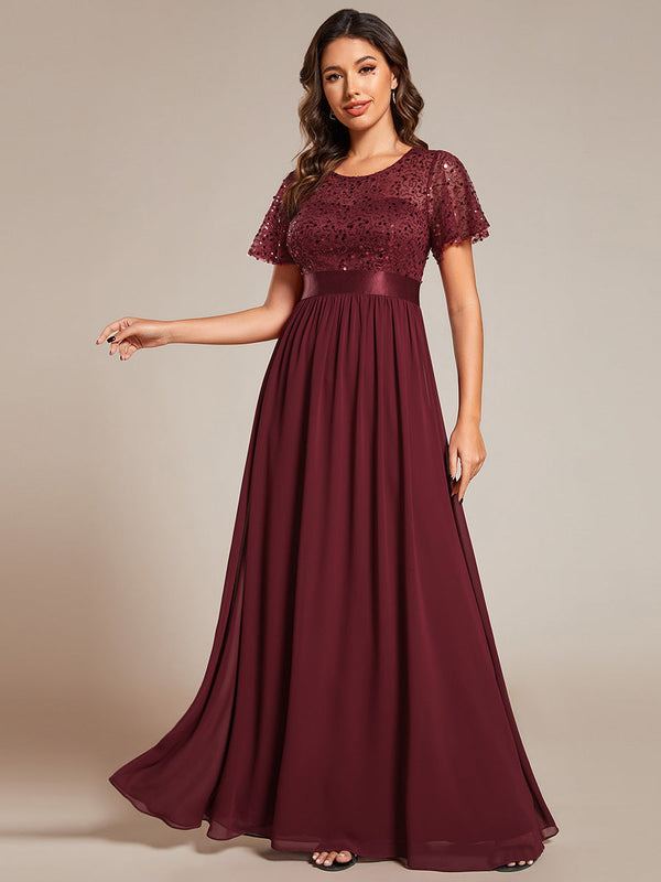 Round-Neck Sequin Chiffon High Waist Formal Evening Dress With Short Sleeves