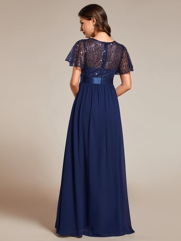 Round-Neck Sequin Chiffon High Waist Formal Evening Dress With Short Sleeves