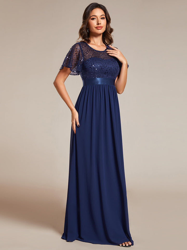 Round-Neck Sequin Chiffon High Waist Formal Evening Dress With Short Sleeves - CALABRO®