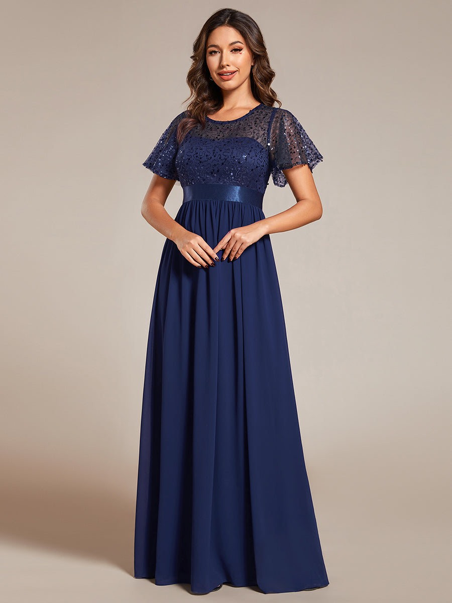 Round-Neck Sequin Chiffon High Waist Formal Evening Dress With Short Sleeves - CALABRO®