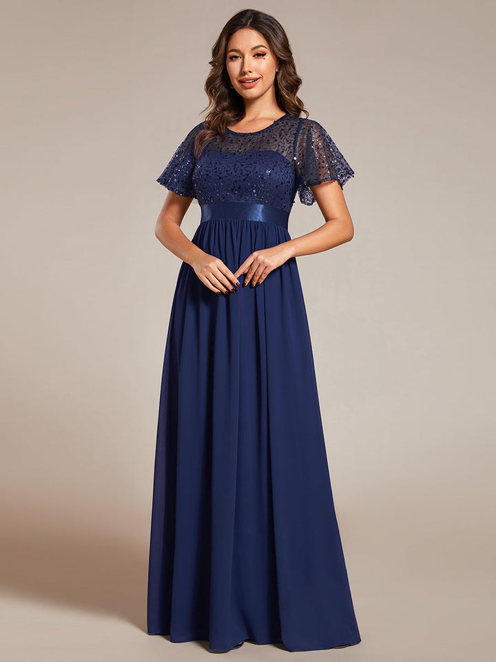 Round-Neck Sequin Chiffon High Waist Formal Evening Dress With Short Sleeves - CALABRO®