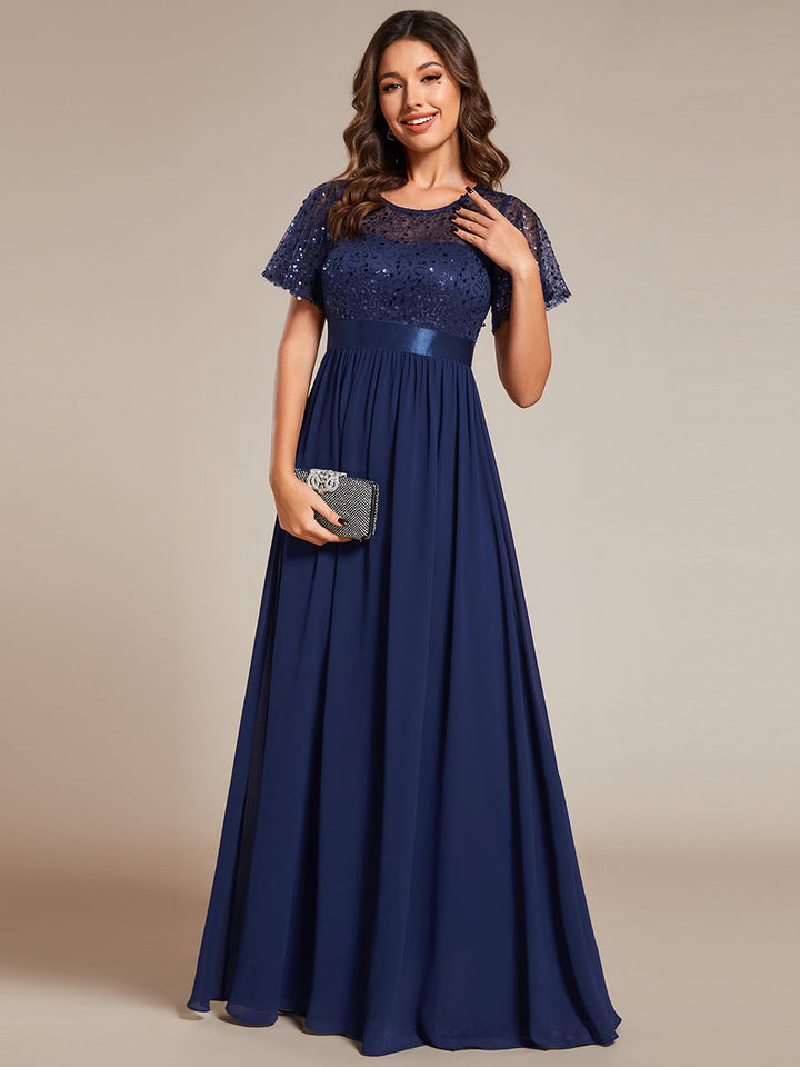 Round-Neck Sequin Chiffon High Waist Formal Evening Dress With Short Sleeves - CALABRO®