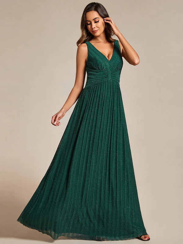 Glittery Pleated Empire Waist Sleeveless Formal Evening Dress