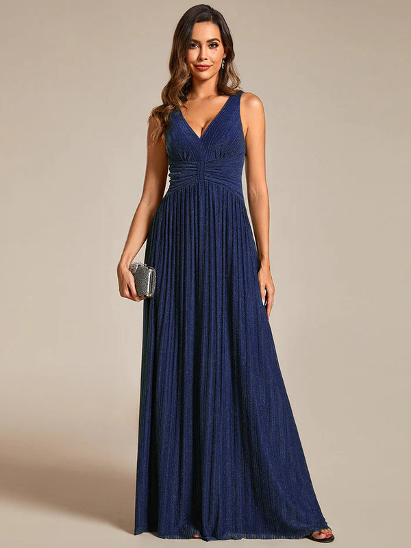 Glittery Pleated Empire Waist Sleeveless Formal Evening Dress