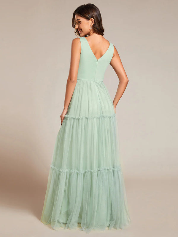 Embroidery V Neck Chiffon Evening Dress With Sleeveless