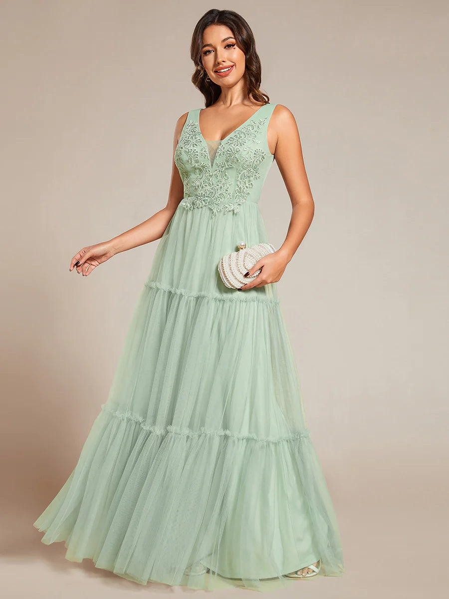 Embroidery V Neck Chiffon Evening Dress With Sleeveless - CALABRO®